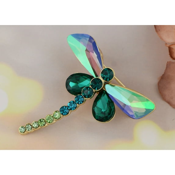 Dragonfly Brooch Pin Golden Tone Sparkly Green Crystal Rhinestones Insect Breastpin Lapel Pins for Women, Green