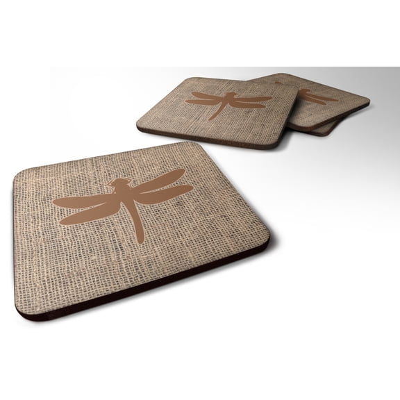Dragonfly Burlap and Brown BB1062 Foam Coaster Set of 4