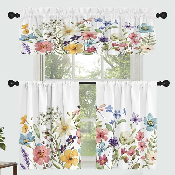 Dragonfly Butterfly Curtains for Kitchen Bathroom Blue Flower Print Rod Pocket Window Curtain Set 3 Pcs Modern Simple Flower Leaf Printed Curtains 54 x 18 + 27 x 36 * 2