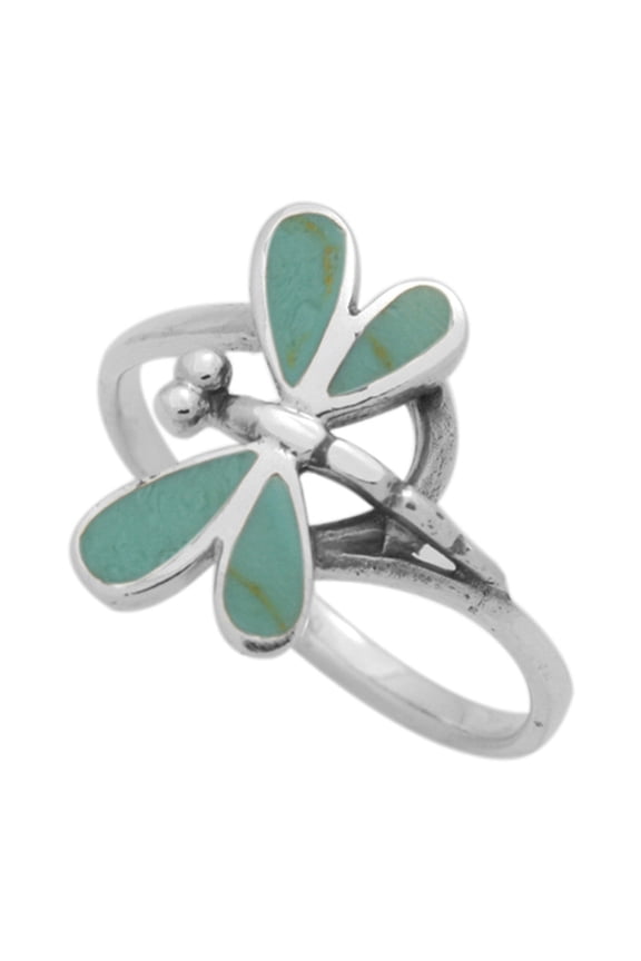 Dragonfly CZ Ring 925 Sterling Silver Green Turquoise Stone Size 10