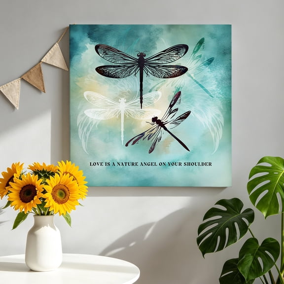 Dragonfly Canvas Wall Art, Abstract Animal Teal Green Yellow Gradient Text Pictures Wall Decor Wooden Framed Artwork Art Prints for Living Room Hallway Bedroom Office 8"x8"