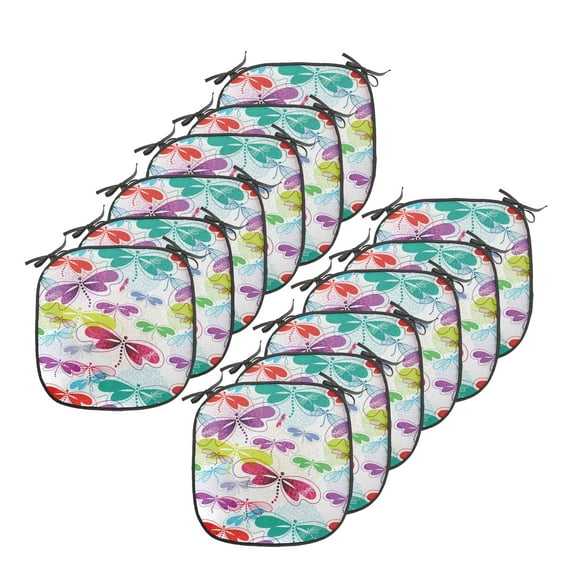 Dragonfly Chair Seating Cushion Set of 12, Modern Dragonfly and Floral Pattern Hydrangea Petals Like Fireworks Colorful Art, Seat Pads with Anti-slip Backing, 16"x16", Multicolor, by Ambesonne