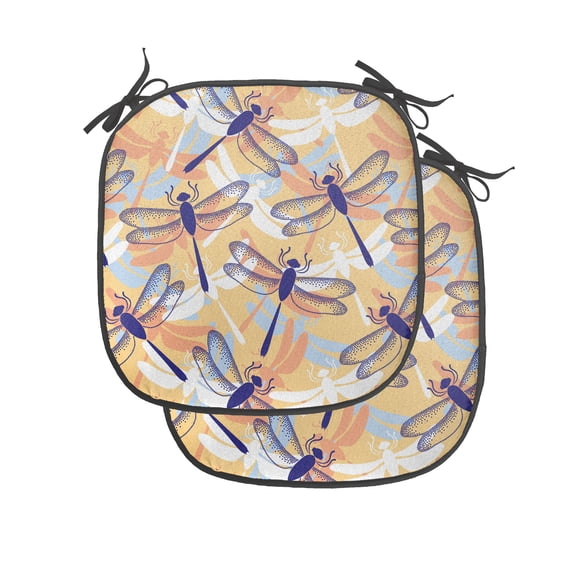 Dragonfly Chair Seating Cushion Set of 4, Uneven Big Repetitive Winged Bug 2 Pairs of Patched Wings Flying Orange Blobs, Seat Pads for Office with Anti-slip Backing, 16"x16", Multicolor, by Ambesonne