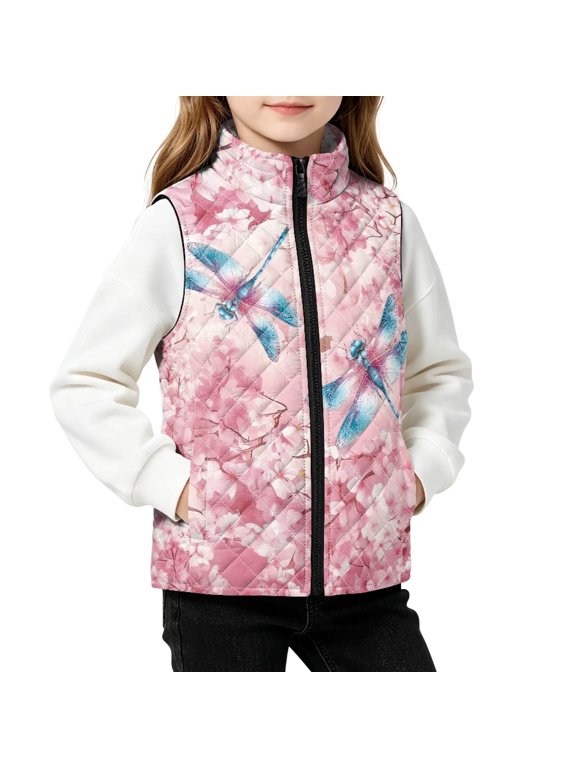 Dragonfly Cherry Blossom Puffer Vest Girls Zip Up Sleeveless Jacket, 2Y, Stand Collar Quilted Puffer Jacket for Girls 2-12Y Lightweight Outerwear Jackets for Fall Winter Layering Outwear