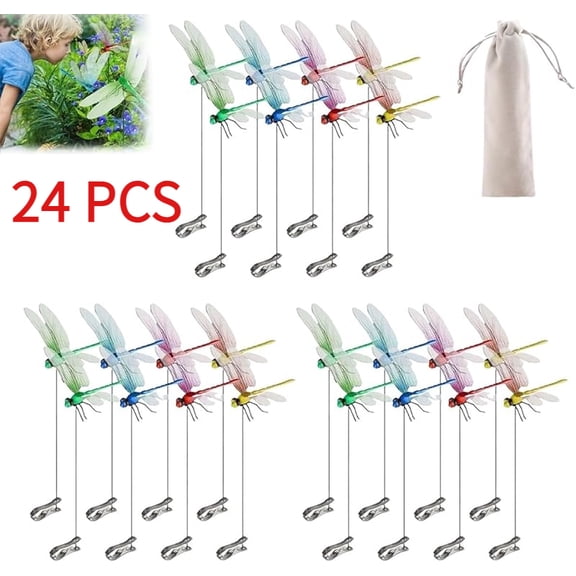 Dragonfly Clip Bug Repellent, 2025 New Fake Dragon Fly Hat Clips, 3D Dragonfly Garden Stakes Decor, Realistic Humming Bird Stakes, Artificial Clip-On Fly Deterrent for Indoor Outdoors (24pcs)