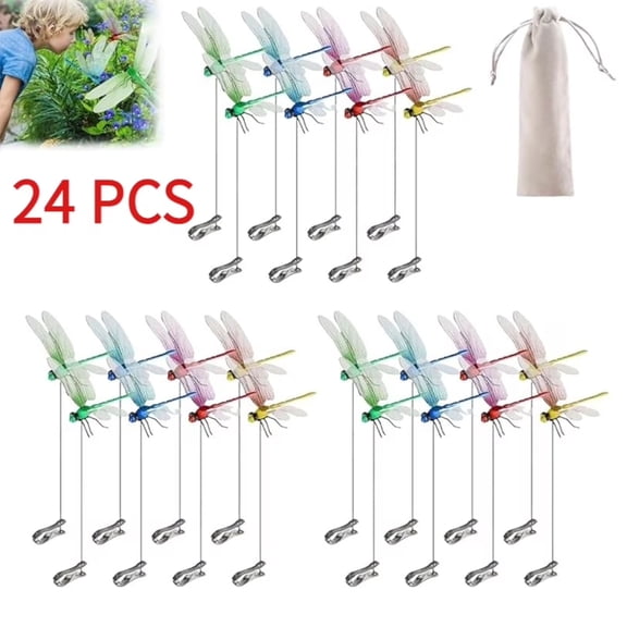 Dragonfly Clip Bug Repellent, 24 Pcs Dragonfly Clip Garden Stakes Decoration, 3D Artificial Dragonfly Hat Clips, Dragonfly Humming Bird Stakes, Multicolor Waterproof 3D Dragonflygarden Decor Deer