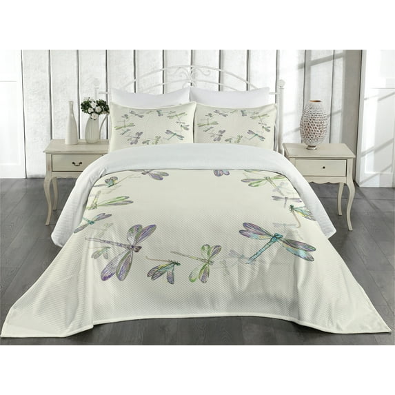 Dragonfly Coverlet, Dragonflies in Circular Formation Hand Drawn Woodland Animals with Retro Effect, 3 Piece Decorative Quilted Bedspread Set with 2 Pillow Shams, King Size, Ivory Lavender, Ambesonne