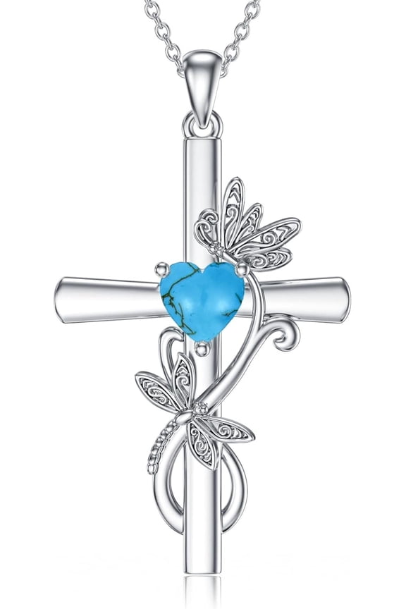 Dragonfly Cross Necklace 925 Sterling Silver 925 Sterling Silver Dragonfly Cross Pendant Necklace with Turqoise Heart Birthstone Birthday Jewelry Gift for Women