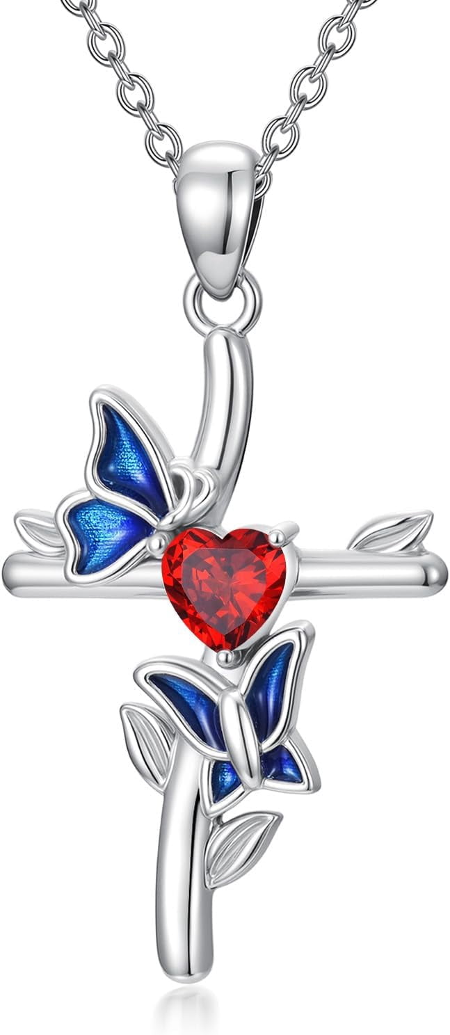 Dragonfly Cross Necklace 925 Sterling Silver Dragonfly Cross Pendant Necklace with January Garnet Heart Birthstone Birthday Jewelry Gift for Women