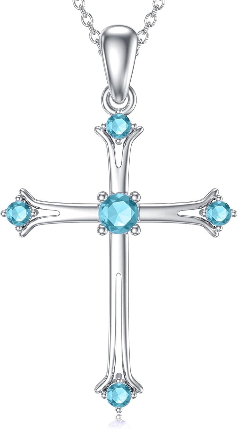 Dragonfly Cross Necklace 925 Sterling Silver Dragonfly Cross Pendant Necklace with March Aquamarine Heart Birthstone Birthday Jewelry Gift for Women