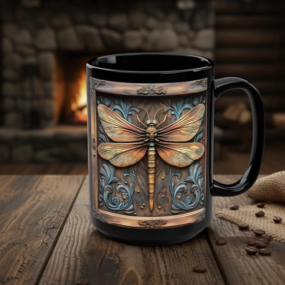 Dragonfly Cup, Rustic Wood Style Insect Coffee Mug, Cottagecore Nature Gift, Garden Wildlife Bug Art, Mystical Woodland Boho Creature Decor
