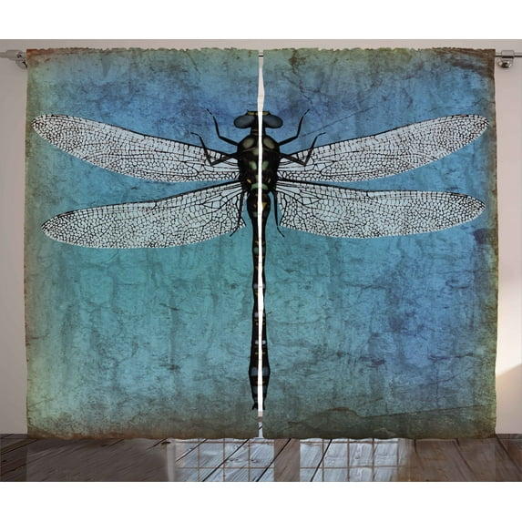 Ambesonne Grunge Curtains 2 Panel Set, Dragonfly Bug Turquoise, 108" x 84", Turquoise Dark Blue