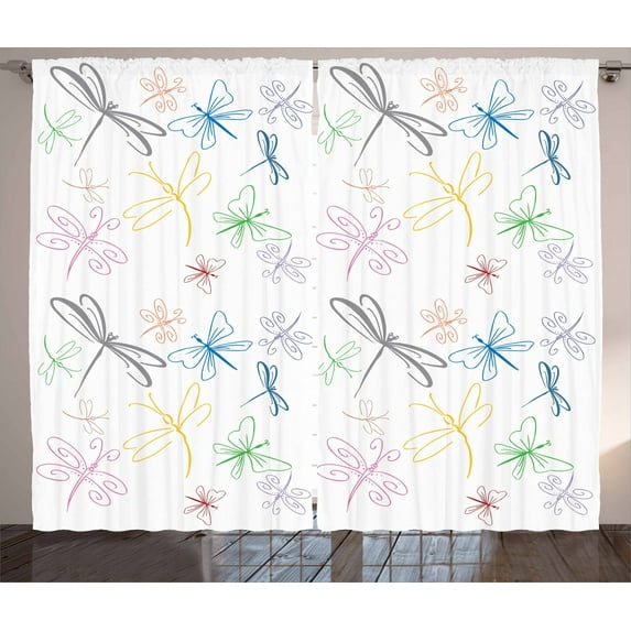 Ambesonne Dragonfly Curtains 2 Panel Set, Doodle Style Bugs, 108" x 108", Multicolor