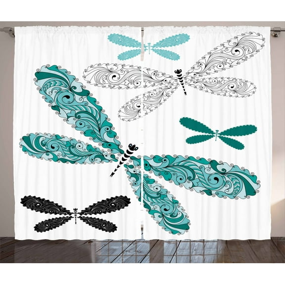 Ambesonne Dragonfly Curtains 2 Panel Set, Ornate Damask, 108" x 108", Teal Turquoise Black