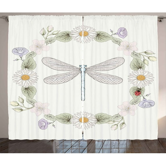 Ambesonne Retro Curtains 2 Panel Set, Farm Life Theme Dragonfly, 108" x 108", Lilac Green