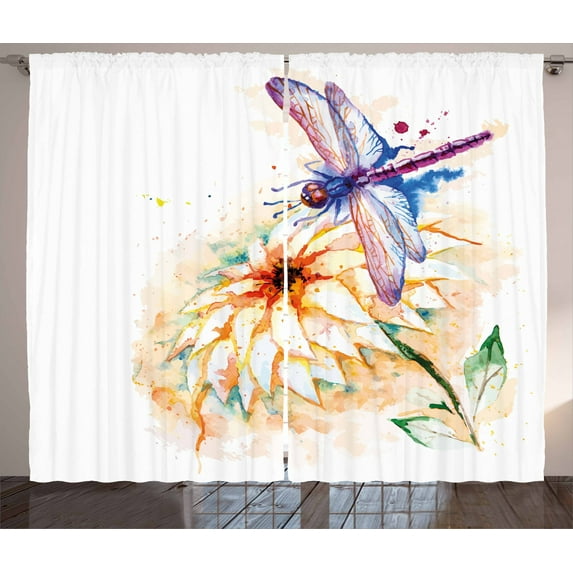 Ambesonne Dragonfly Curtains 2 Panel Set, Watercolor Lily Bloom, 108" x 84", Multicolor