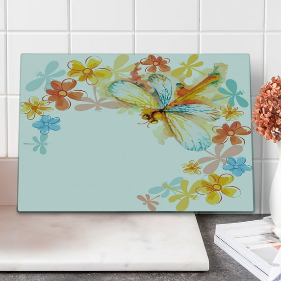 Dragonfly Cutting Board, Abstract Grunge Vintage Design Moth Spring Flowers Floral Frame Art Print, Decorative Tempered Glass Cutting and Serving Board, Large Size, Multicolor, by Ambesonne