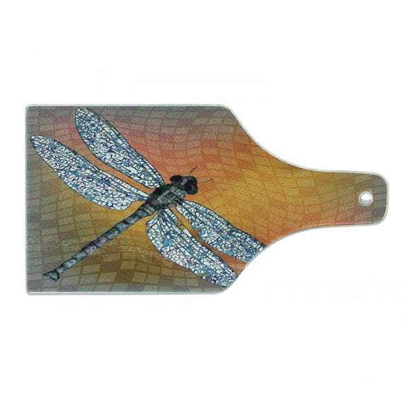 Dragonfly Cutting Board, Bird Like Bugs Flying on Orange Marigold Abstract Geometrical Digital Backdrop, Tempered Glass Cutting and Serving Board, Wine Bottle Shape, Multicolor, by Ambesonne
