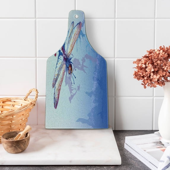 Dragonfly Cutting Board, Colorful Moth Watercolored Design Abstract Grunge Ombre Color Change Print, Decorative Tempered Glass Cutting and Serving Board, Wine Bottle Shape, Multicolor, by Ambesonne