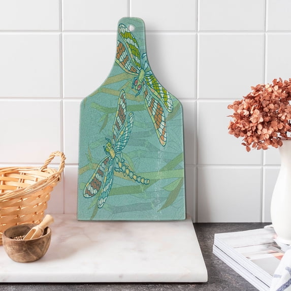 Dragonfly Cutting Board, Doodle Style Giant Dragonfly on Lake Bushes Nature Exotic Picture Art, Decorative Tempered Glass Cutting and Serving Board, Wine Bottle Shape, Almond Green, by Ambesonne