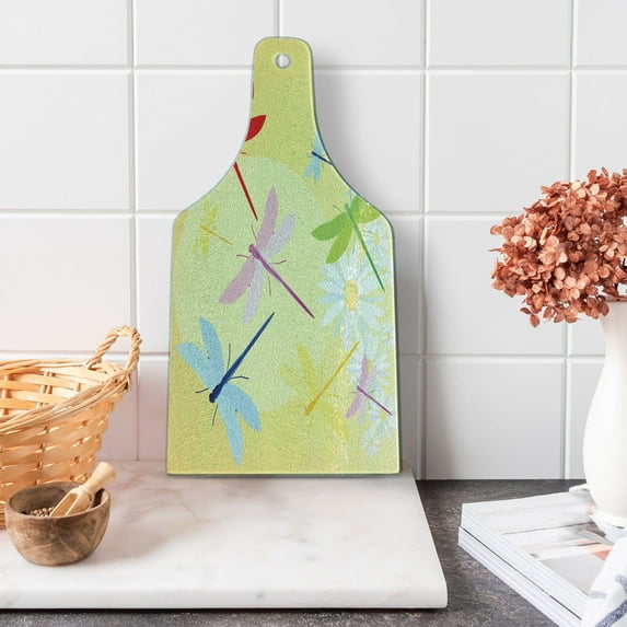 Dragonfly Cutting Board, Flower Field in Spring Season with Chamomiles and Sun on the Back Graphic, Decorative Tempered Glass Cutting and Serving Board, Wine Bottle Shape, Multicolor, by Ambesonne