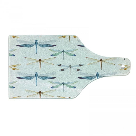 Dragonfly Cutting Board, Group of Regularly Dragonfly Pattern Short Lives Composition of Bugs, Decorative Tempered Glass Cutting and Serving Board, Wine Bottle Shape, Orange Blue, by Ambesonne
