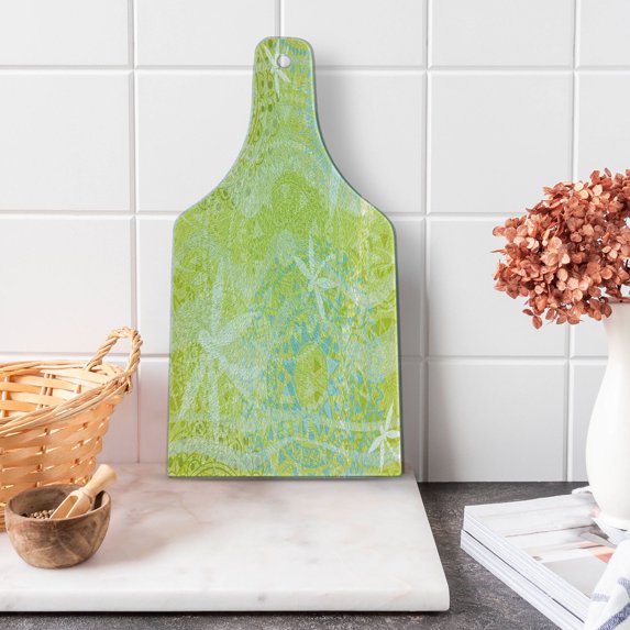 Dragonfly Cutting Board, Dragonfly Silhouettes over Round Mandala Circles Oriental Inspired Print, Decorative Tempered Glass Cutting and Serving Board, Wine Bottle Shape, Green White, by Ambesonne
