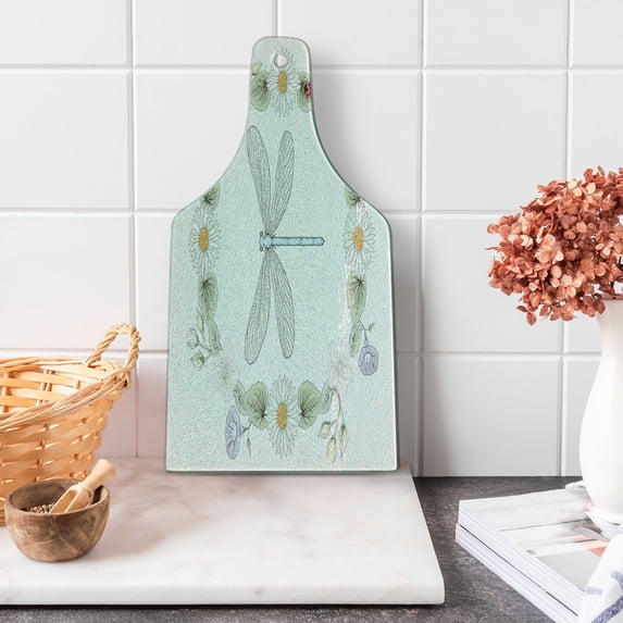 Dragonfly Cutting Board, Vintage Retro Farm Life Inspired Moth Daisies Lilies Leaves Image, Decorative Tempered Glass Cutting and Serving Board, Wine Bottle Shape, Lilac Green, by Ambesonne