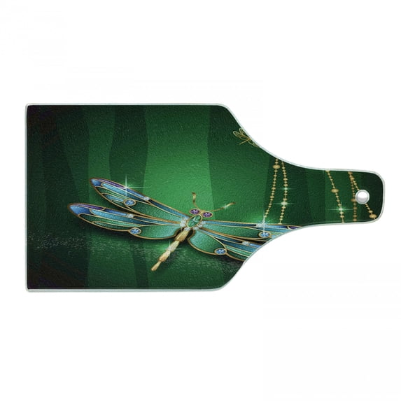 Dragonfly Cutting Board, Vivids in Gemstone Crystal Diamond Shapes Graphic Effects, Decorative Tempered Glass Cutting and Serving Board, Wine Bottle Shape, Emerald Multicolor, by Ambesonne