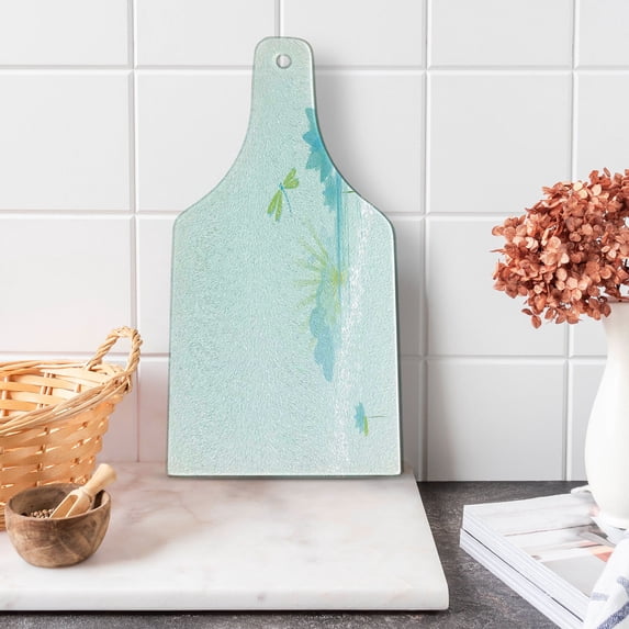 Dragonfly Cutting Board, Waterlily and Dragonfly Nature Background Clouds Lake Sun Design, Decorative Tempered Glass Cutting and Serving Board, Wine Bottle Shape, Apple Green Pale Blue, by Ambesonne