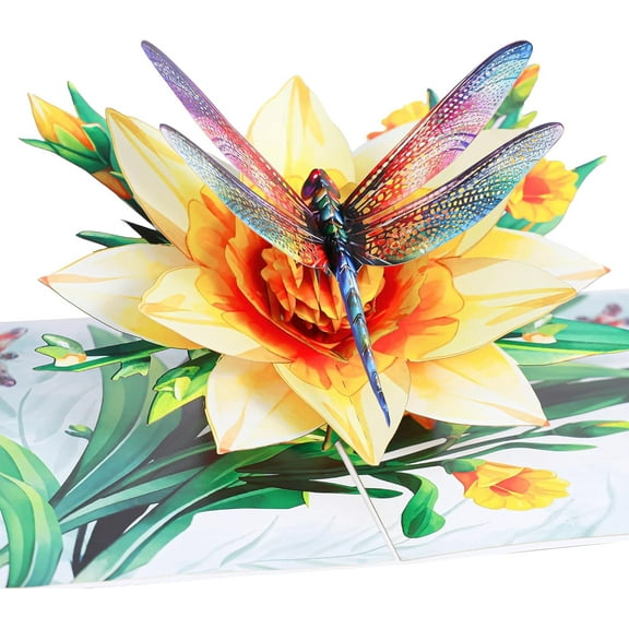 Dragonfly & Daffodils Flower Pop Up Card, 3D Birthday Card for Women, Mom, Gift for Birthday, Mothers Day, Valentines, Thank You, All Occasion for Her, Wife, Grandma, Sister, Daughter, Girlfriends