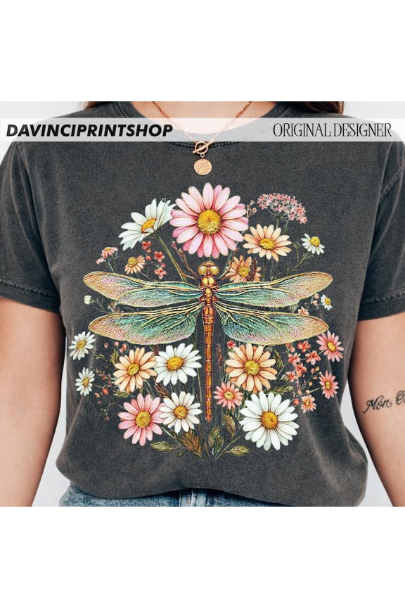 Dragonfly Daisy Shirt Floral Spring, Vintage Botanical Style Shirt DARK HEATHER S-5XL