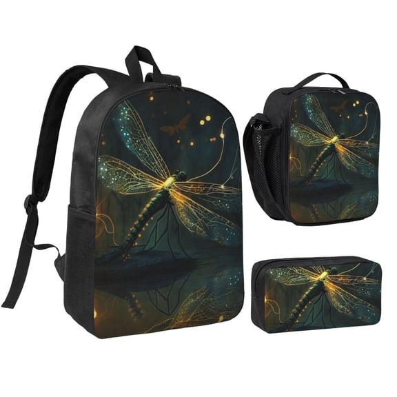 Dragonfly Dance Fireflies Art 17-inch Laptop Backpack 3-Piece Set with Insulated Lunch Bag and Accessory Pouch, Rucksack for Teens Adults