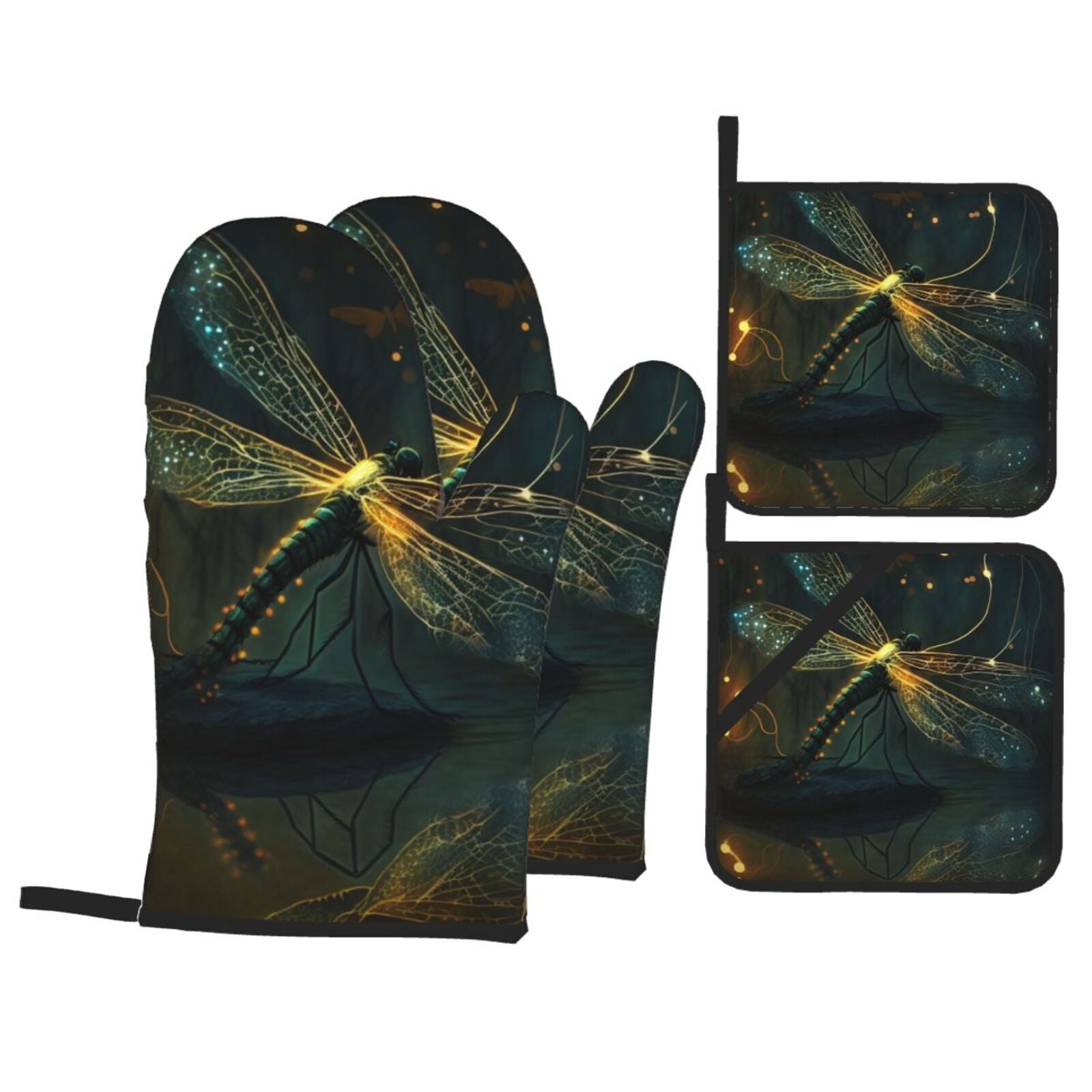 Dragonfly Dance Fireflies Art 4Pcs Oven Mitts and Pot Holders Sets Oven Kitchen Gloves Hot Pads for Cooking BBQ Baking Grilling