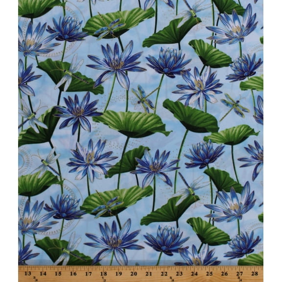 Dragonfly Dance Waterlily Pool Light Blue Cotton Fabric Benartex by the yard