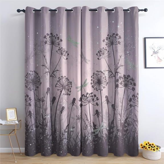 Dragonfly Dandelion Blackout Curtains, Purple Wildflower Silhouette Patterned Curtains For Bedroom, Living Room Decor, Room Darkening Thermal Insulated Grommet Drapes 38"W x 54"L (Pack of 2)