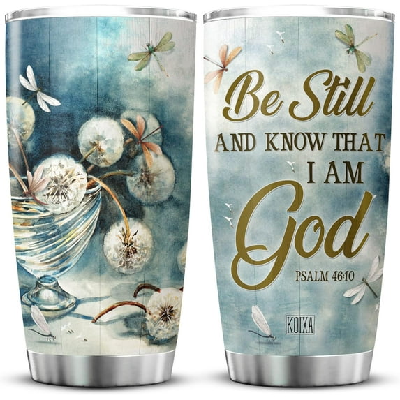 Dragonfly Dandelion Tumbler For Women 20oz Be Still And Know That I Am God Mug With Lid Christian Gift Items Insulated Coffee Cup Taraxacum Flower Dandelion Themed Gifts