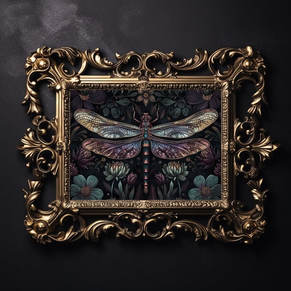 Dragonfly In Dark Flower Garden, Moody Insect Print, Dragonfly Print, Dragonfly Dark Academia, Cottagecore Wall Art, Vintage Poster UNFRAMED PAPER POSTER, Home Decor, Vintage Gift