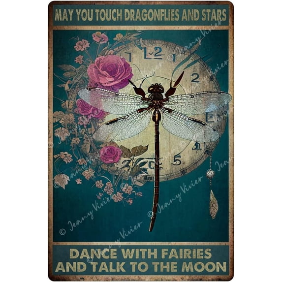 Dragonfly Decor, May You Touch Dragonflies and Stars Dance with Fairies and Talk to The Moon Retro Metal Tin Sign, Dragonfly Gifts For Women, Dragonfly Tin Art 12x8 Inches