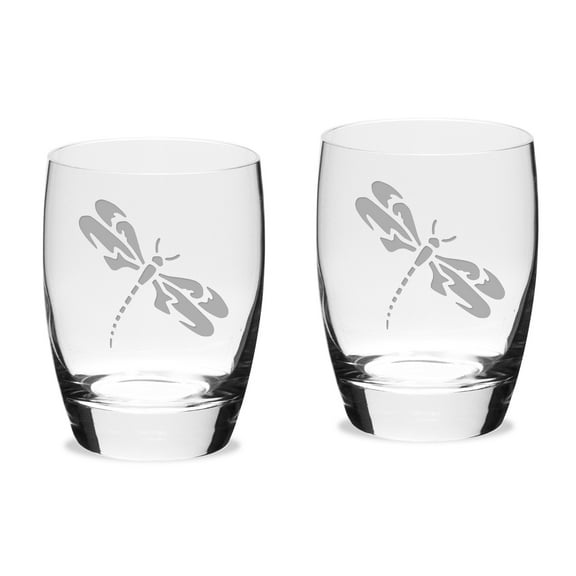 Dragonfly Deep Etched Luigi B Michelangelo Double Old Fashion Glass Set of 2