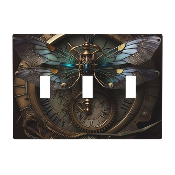 Dragonfly Dials Steampunk Art 3 Gang Light Switch Cover Decorative Triple Toggle Wall Plate for Kitchen Bedroom Bathroom Living Room Decor