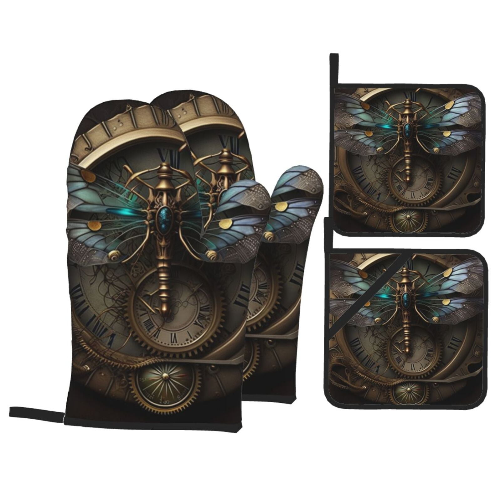 Dragonfly Dials Steampunk Art 4Pcs Oven Mitts and Pot Holders Sets Oven Kitchen Gloves Hot Pads for Cooking BBQ Baking Grilling