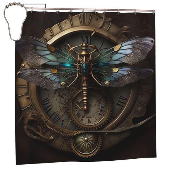 Dragonfly Dials Steampunk Art Shower Curtain with 12 Iron Hooks Washable Polyester Fabric Bathroom 72x72 Inch
