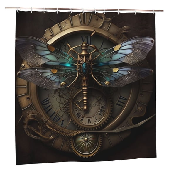 Dragonfly Dials Steampunk Art Shower Curtain with 12 Plastic Hooks Washable Polyester Fabric Bathroom 72x72 Inch