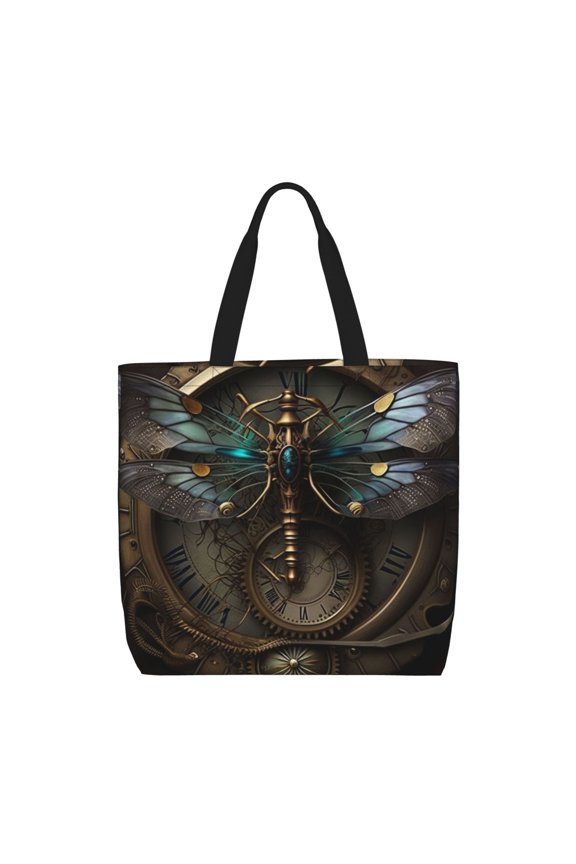 Dragonfly Dials Steampunk Art Tote Bag Reusable Shoulder Handbag Top Handle Purse for Shopping Work