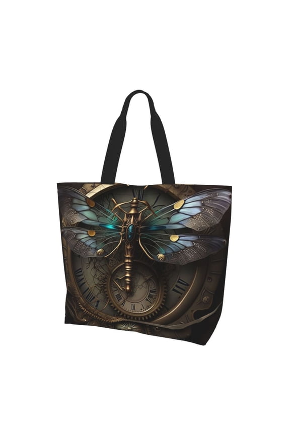 Dragonfly Dials Steampunk Art Women Reusable Bag Large Shoulder Handbag Top Handle Purse Tote