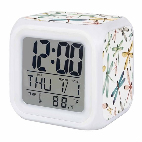 Dragonfly Digital Alarm Clock for Bedrooms, Smart LED Alarm Clock with 7 Color Changing Night Light, Watercolor Colorful Nature Painting Art Silent Wake Up Clocks for Sleep Study Cooking 3.2"x3.2"
