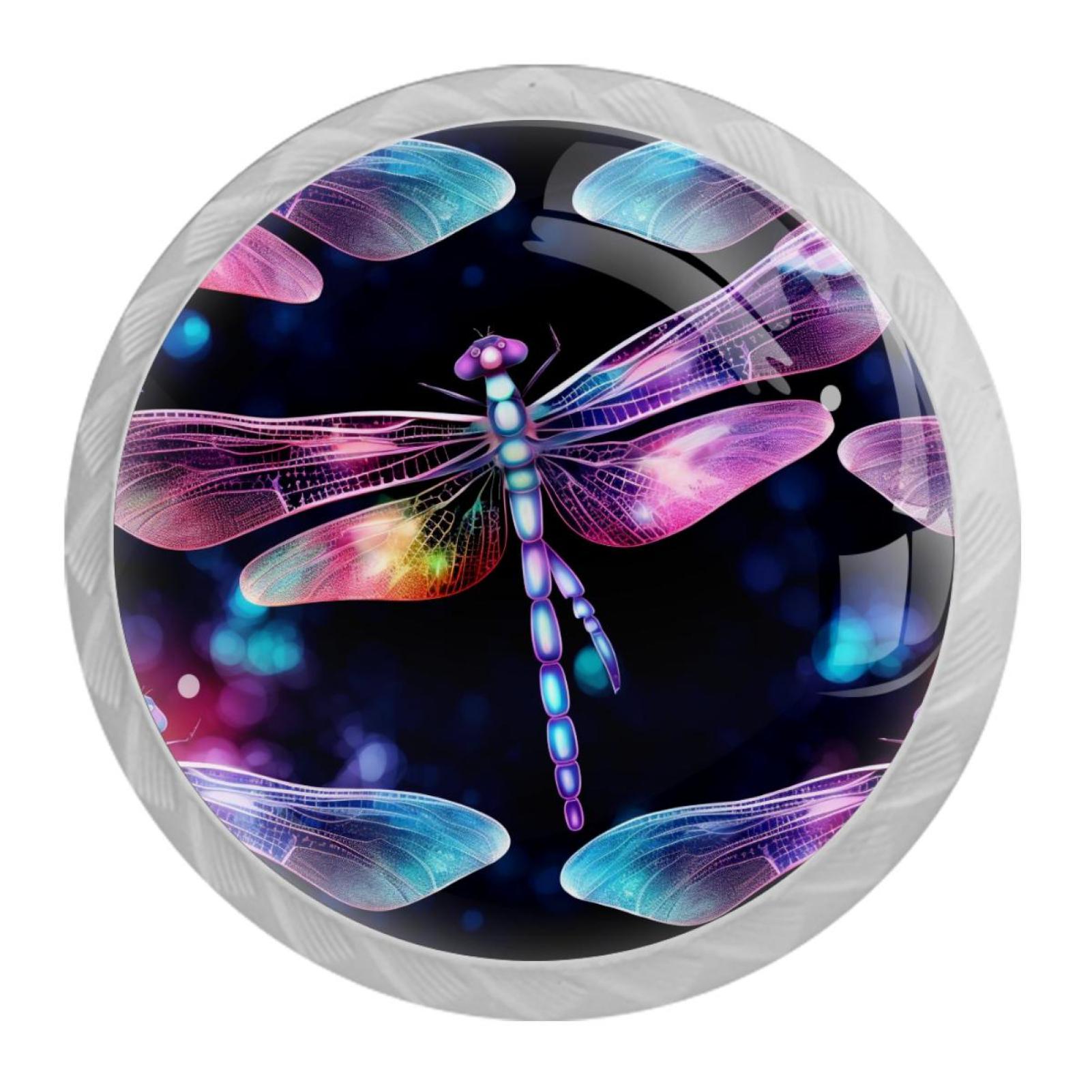 Dragonfly Drawer Pulls Set of 4, White Crystal Glass Knobs with Screws for Wardrobes, Cupboards