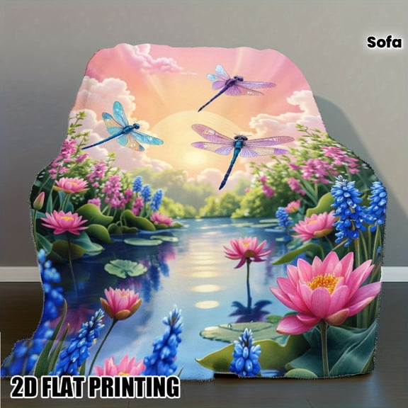 Dragonfly Dreamscape Blanket Dragonfly Dreamscape Printed Flannel Throw Blanket Dragonflies for Lotus Flowers Sunset Sky All Season Blanket Sofa Chair Office Bedroom Dragonfly Decor Bedroom