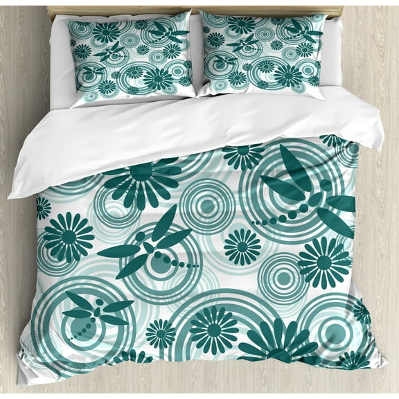 Dragonfly Duvet Cover Set, Abstract Circular Spiral Flowers Chamomile Daisy Modern Print, Decorative 3 Piece Bedding Set with 2 Pillow Shams, King Size, Petrol Blue White, by Ambesonne